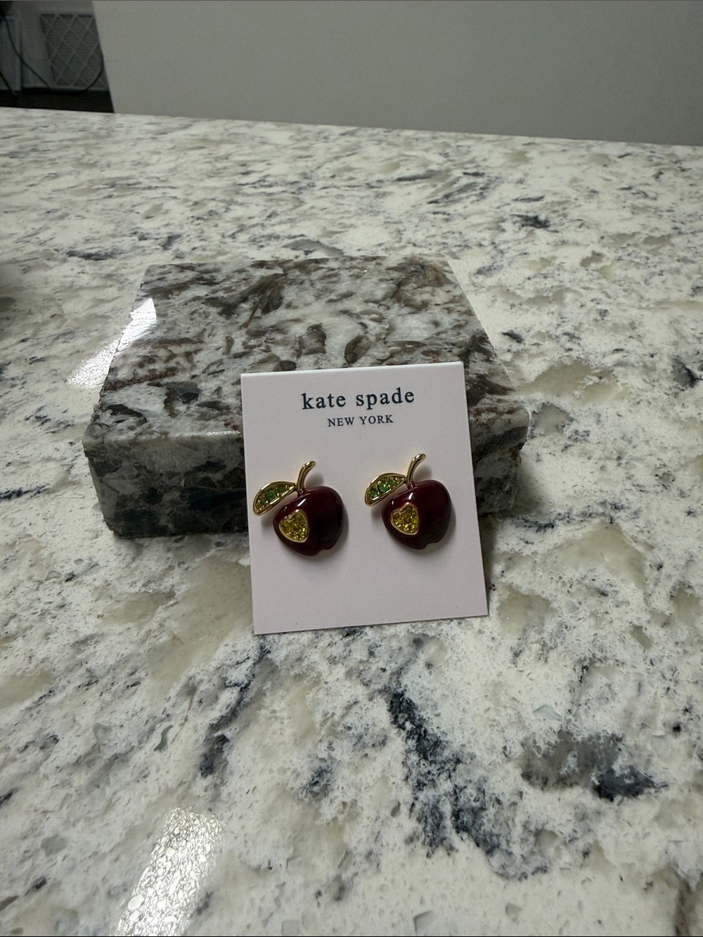 kate spade Kids Burgundy Apple Stud Earrings with Green & Gold Accents - Picture 2 of 3